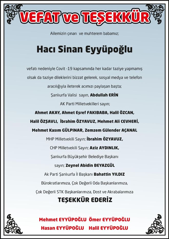 VEFAT VE TAZİYE TEŞEKKÜRÜ