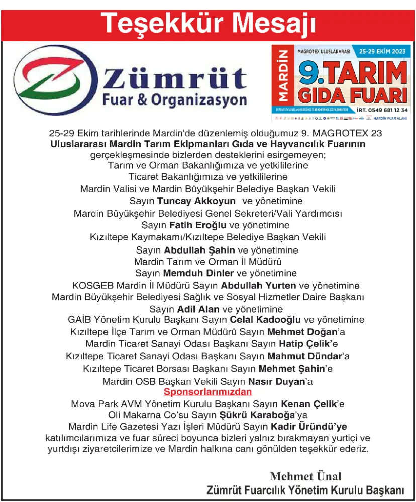 Zümrüt Fuar ve Organizasyon’dan teşekkür mesajı